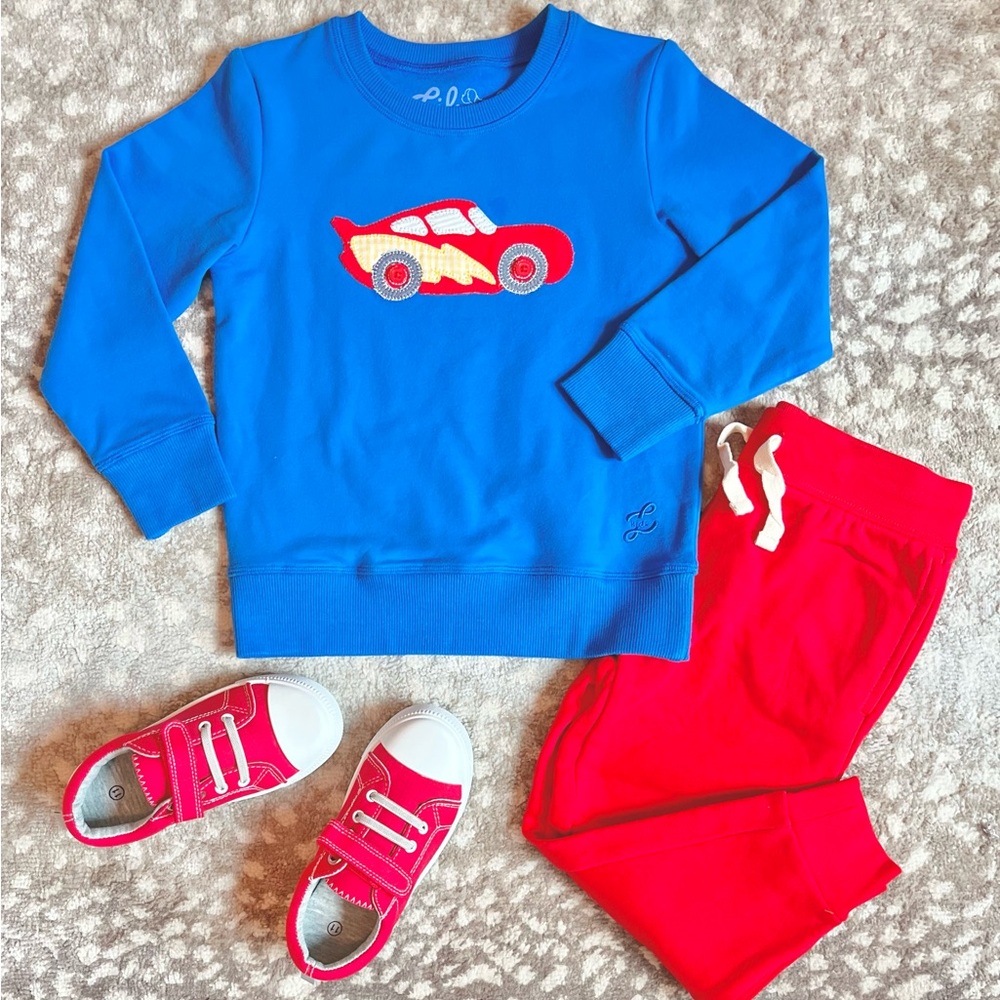 Blue Sweatshirt with Race Car Design Appliqué